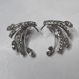 Silver Tone Rhinestone Crystal Earrings Clip Back